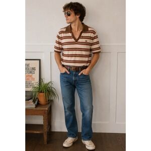 Vintage Kings Road Sears Mens Striped V-Neck Polo Shirt Brown Orange Medium 70s
